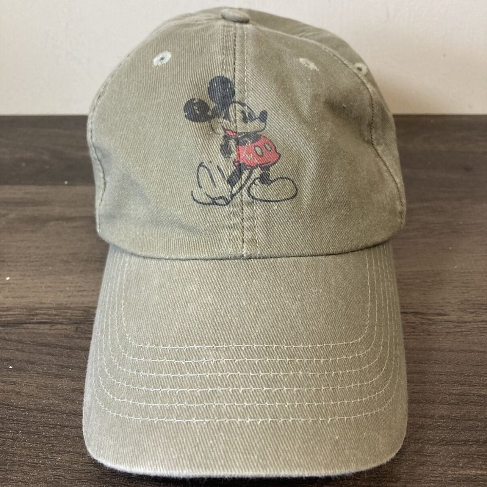 Disney Parks Vintage Distressed Green Brown Mickey Mouse Adjustable Hat Cap- EUC